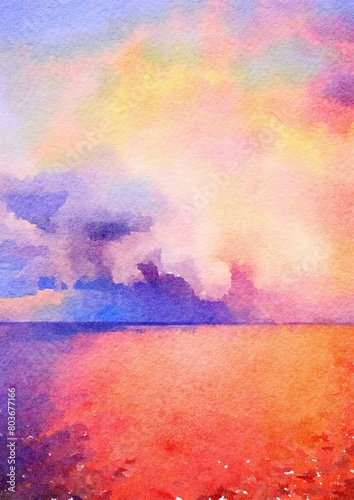 Sea Beach Sky Watercolor Illustration Art