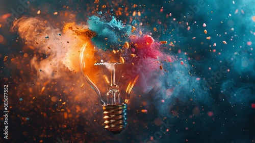 Colorful explosion from a shattered light bulb against a dark backdrop, showcasing creativity with AI Generative. photo