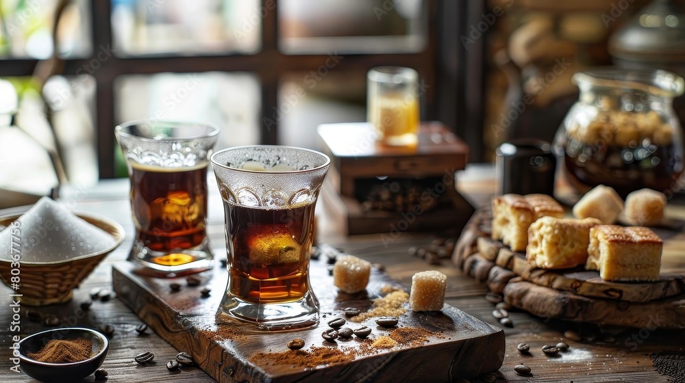 a wooden table adorned with a small bowl and a glass of tea, accompanied by a small candle and a gl