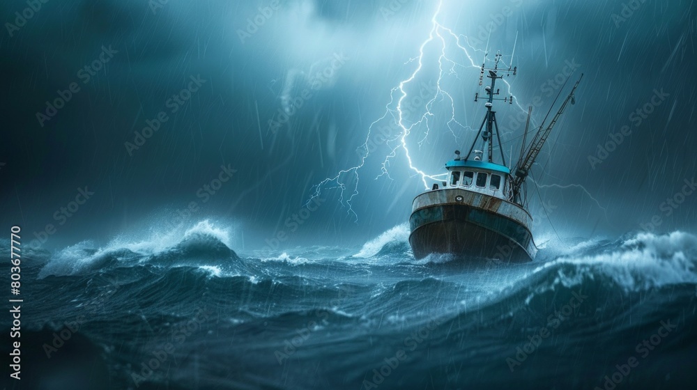 Stormy ocean scene with a fishing boat facing massive waves and lightning, rendered by AI Generative. Stormy ocean scene with a fishing boat facing massive waves and lightning, rendered by AI Generative.