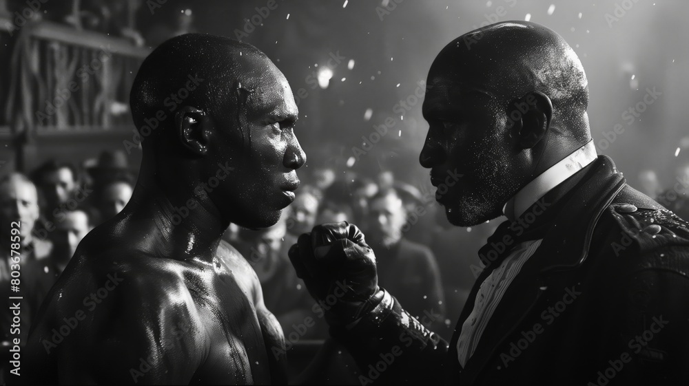 hard fighting , black boxer with trainer before battle on professional ring. cinematic hard fighting , black boxer with trainer before battle on professional ring. cinematic