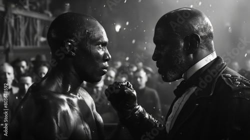 hard fighting , black boxer with trainer before battle on professional ring. cinematic