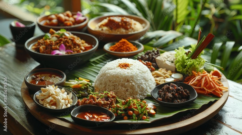 a table set with a variety of bowls and plates of food, including white rice, black and brown bowls