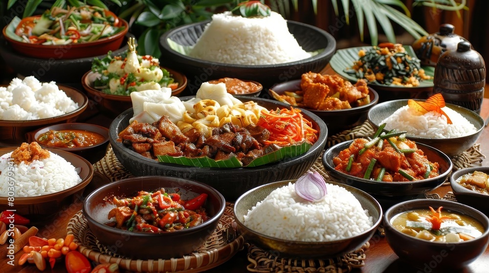 a table set with a variety of bowls and plates of food, including white rice, brown and black bowls