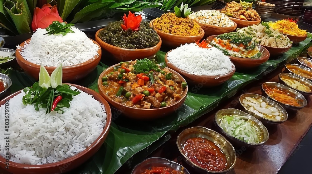 a colorful assortment of dishes, including white rice, brown and orange bowls, and a red and orange