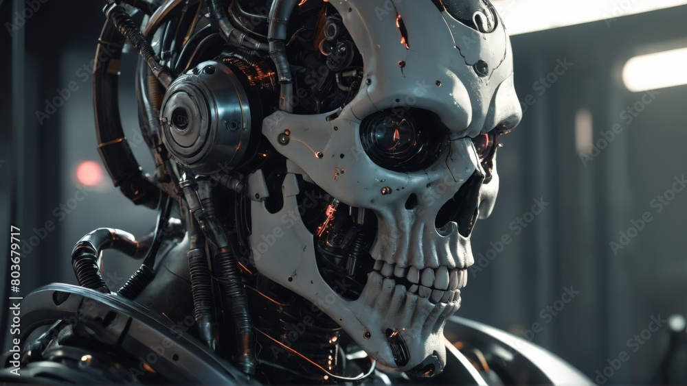 Fototapeta premium Futuristic close-up of a robot head or cyborg helmet 