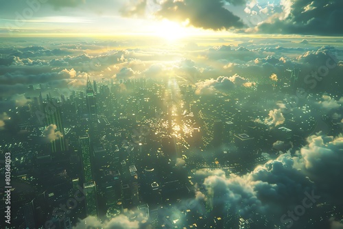 Imagine an aerial view of a futuristic cityscape showcasing holographic interfaces intertwining with nature, using unexpected camera angles to highlight a sense of vastness and mystery Incorporate psy
