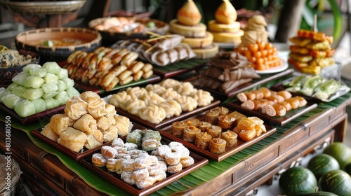 a buffet table displaying a variety of pastries and desserts, including a white cake, in a brown ba