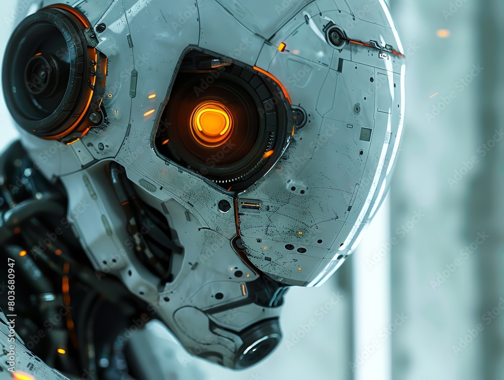 Fototapeta premium Capture a haunting close-up of futuristic technology, blending horror elements to evoke chills Experiment with unexpected camera angles to intensify the eerie, immersive experience