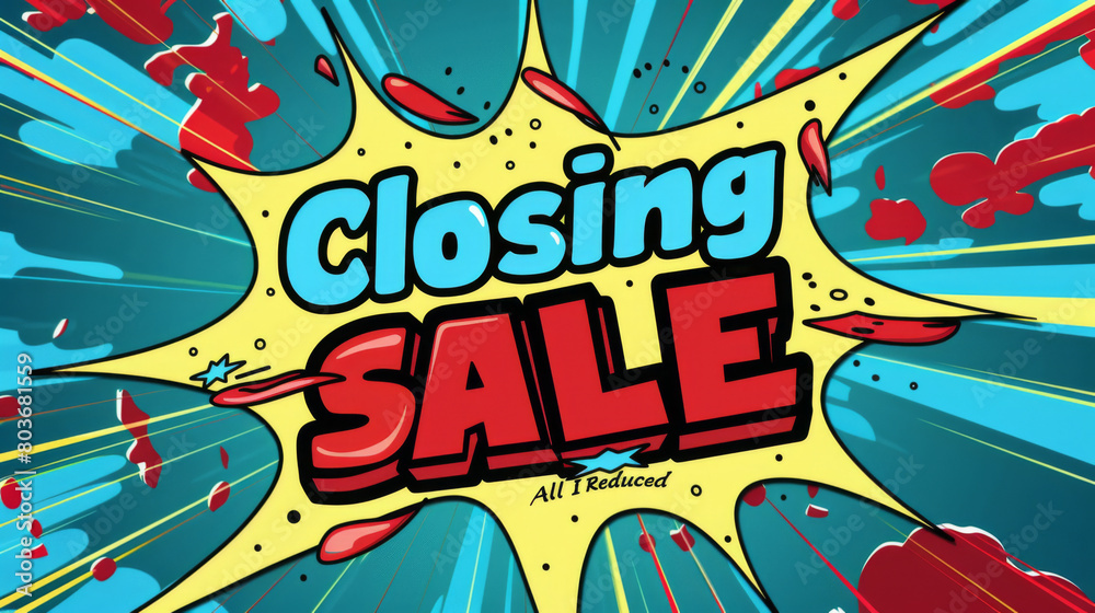 Illustrated starburst design for a closing sale advertisement with 'All Items Reduced' message in comic style. Illustrated starburst design for a closing sale advertisement with 'All Items Reduced' message in comic style.