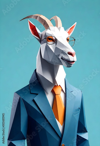 a goat wearing Suit and glasses on simple blue background