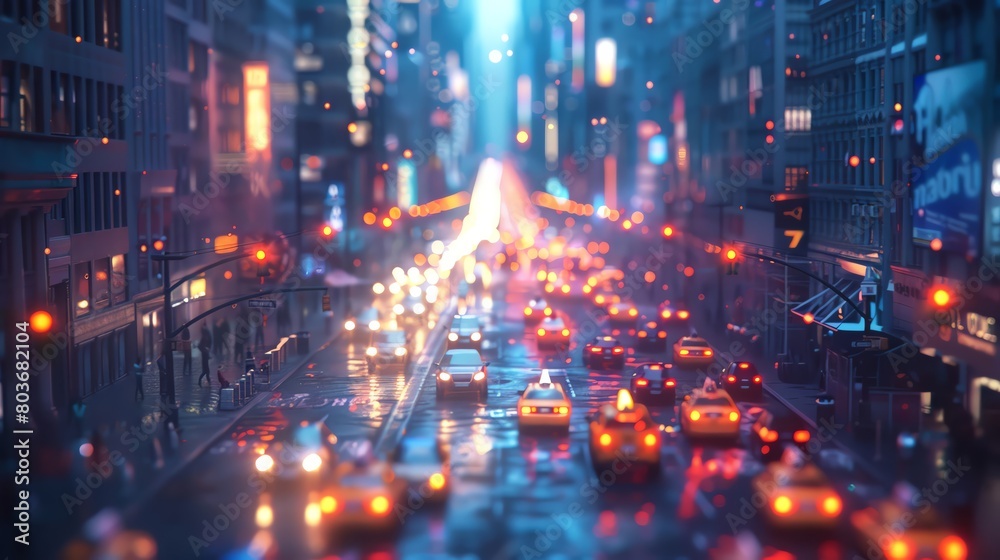 Capture the intricate details of urban landscapes in a hyper-realistic 3D animation style, emphasizing textures and lighting for a mesmerizing effect