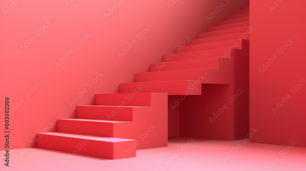 A bold red staircase stands out in a monochrome red background, emphasizing minimalist architectural design. A bold red staircase stands out in a monochrome red background, emphasizing minimalist architectural design.