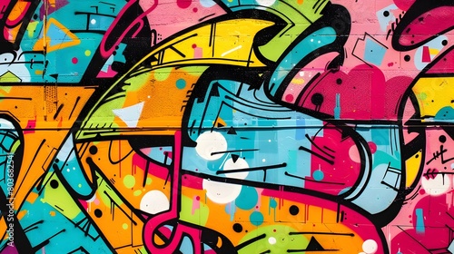 Dynamic Graffiti Mural with Vibrant Abstract Shapes and Colors Adorning an Urban Wall