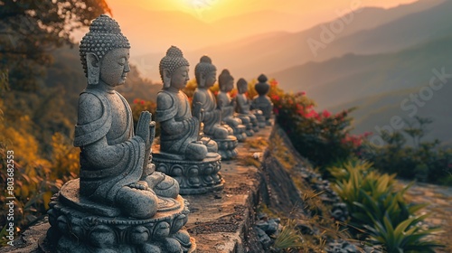 Buddha statues line the background as the sun rises