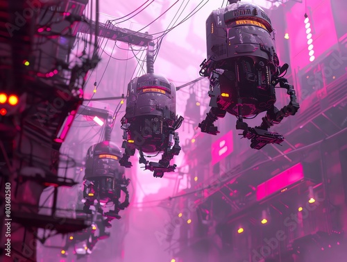 Illustrate a scene of dystopian robots performing an aerial ballet from a skewed perspective Utilize a dark, industrial color palette with neon accents to evoke a futuristic feel photo