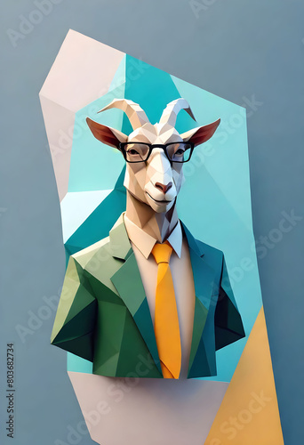 a goat wearing green Suit and glasses on blue background