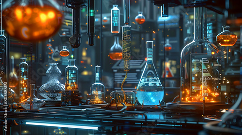  futuristic laboratory equipment emerges, adorned with holographic data visualizations, blurring the lines between fiction and biotechnology, showcasing the marvels of scientific innovation