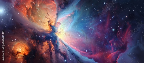 A stunning and colorful nebula, filled with stars and hues of various colors, set against a backdrop of another nebula
