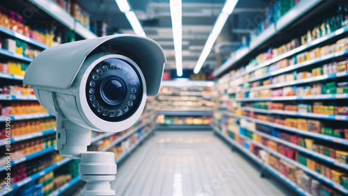 High-Resolution Surveillance Camera Monitoring Aisle in Modern Supermarket: Detailed View of Security Technology in Retail Environment