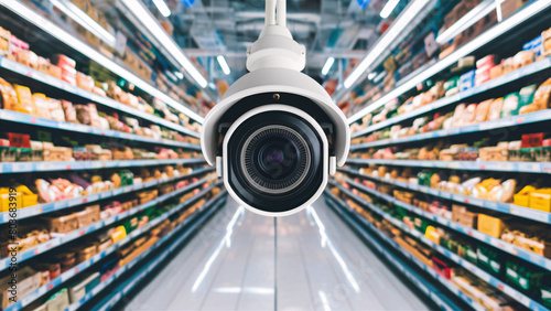 Overhead Surveillance Camera Capturing Aisle in a Busy Supermarket: Close-Up of Modern Security System in Retail Setting