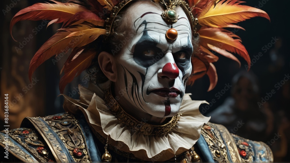 Naklejka premium Venetian Carnival Mask: A beautiful woman adorned in a stunning Venetian carnival mask with intricate feather details, embodying the allure of Italy's festive spirit