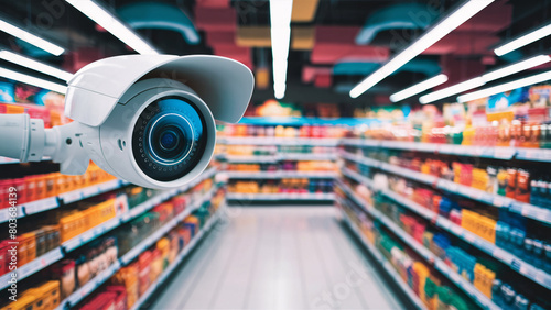 Modern Security Camera Overlooking Vibrant Supermarket Shelves: Strategic Surveillance in Retail Store Aisle