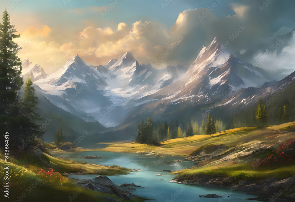A serene landscape painting depicting a mountain range with snow-capped peaks, a flowing river, and a lush green valley with wildflowers. Mountain Day.