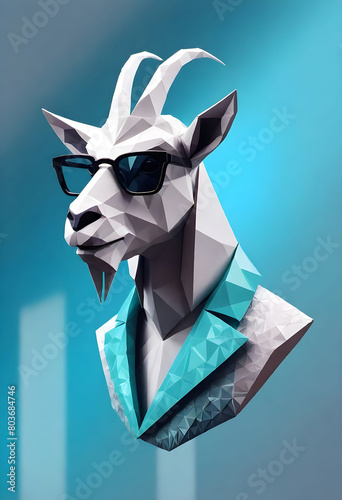 a goat with beard wearing diamond Suit and black glasses on simple blue background