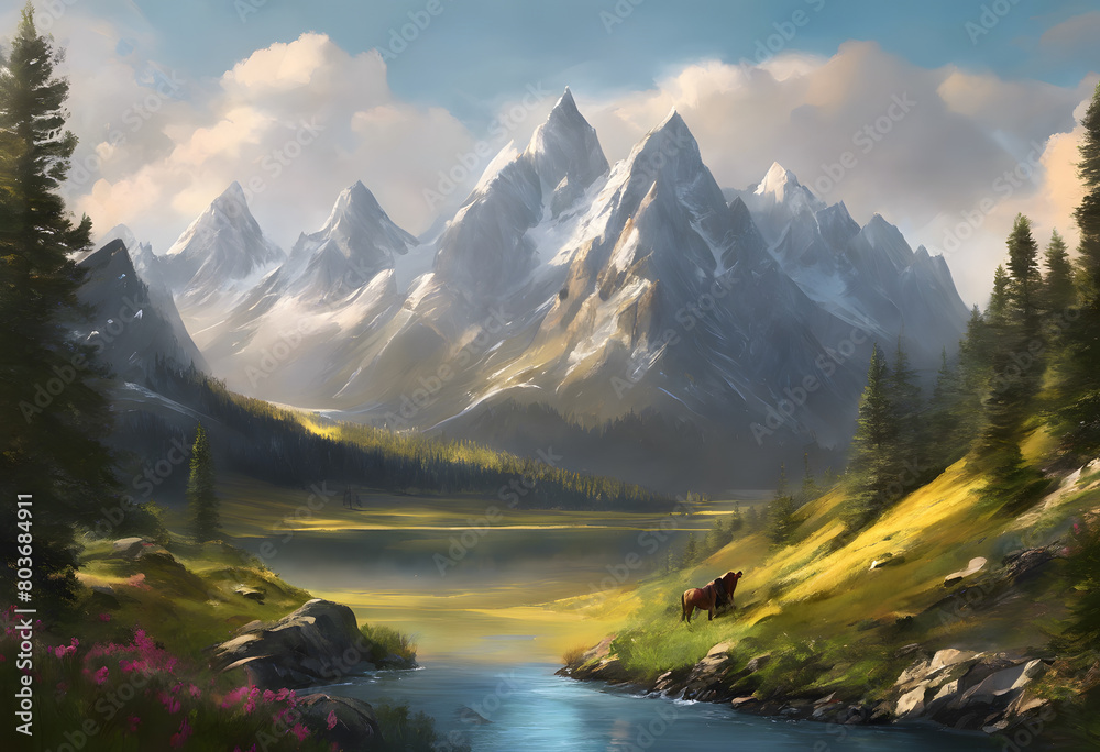 A serene landscape painting featuring majestic mountains, a tranquil lake, lush greenery, and a lone horse by the water. Mountain Day.