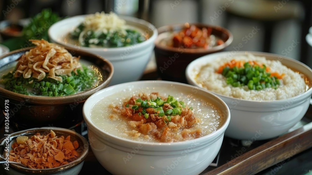 a table set with a variety of bowls filled with food, including white, brown, and wood bowls, as we a table set with a variety of bowls filled with food, including white, brown, and wood bowls, as we