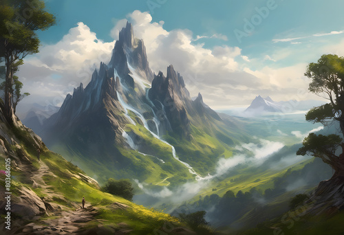 A majestic mountain landscape with a towering peak  flowing waterfalls  and a lush valley  under a bright sky. Mountain Day.