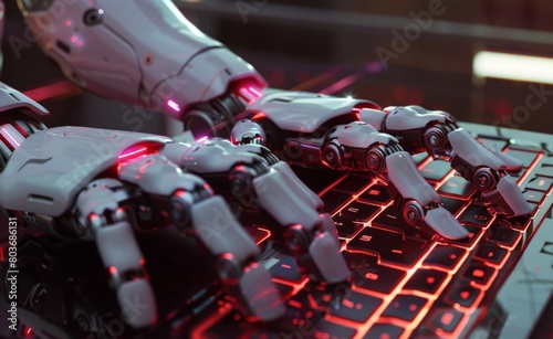The AI robots hand rests on the keyboard ready to type and carry out commands, Generated by AI