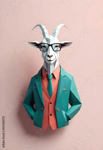 a goat wearing green Suit and glasses on simple pink background