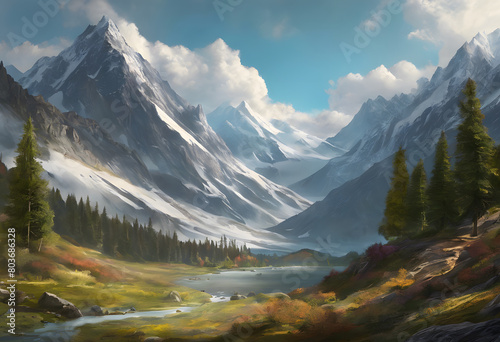 A serene landscape painting of a mountain valley with a river, surrounded by snow-capped peaks and lush greenery. Mountain Day. © Tetlak