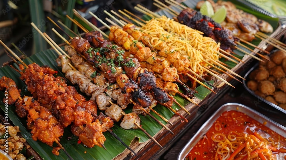 a colorful spread of food is displayed on a table, including a variety of meats, vegetables, and br
