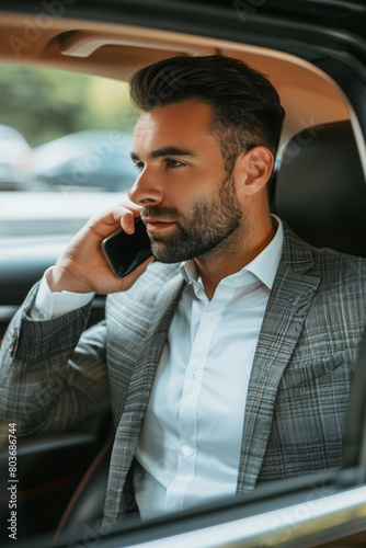 Professional businessman in suit discussing on phone during commute in the back seat of the car © pijav4uk