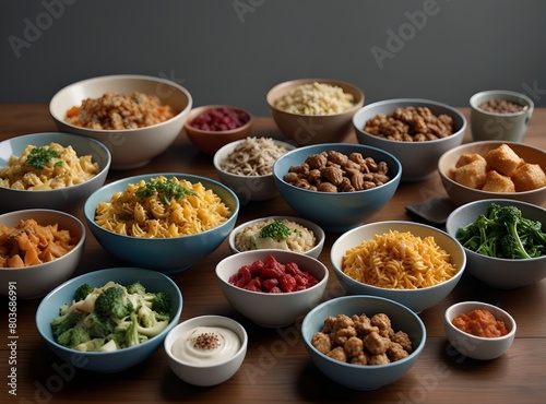 AI generated illustration of a variety of food in bowls on a tabletop  © Aoun