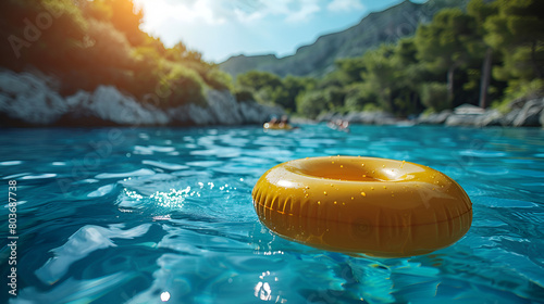 orange water in the pool,
 Yellow Swimming Pool Ring Float in Blue Water