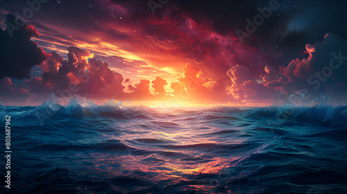 sunset over the ocean,
A Poster for World Oceans Day with a Rainbow Col 