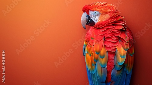 A colorful gathering of macaws, including blue and yellow, red and yellow, and red and blue variants These vibrant birds, representing the parrot family, are shown  photo