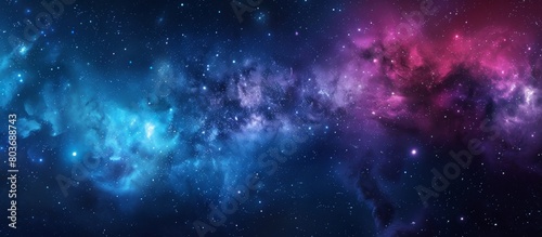 Blue and purple hues swirl in a vast galaxy filled with twinkling stars in the background