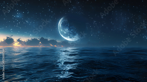 moon over the sea  Half Moon in Starry Night Sky Above Ocean Surface