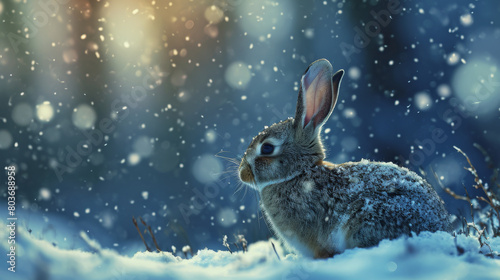 Winter s Watch  Serene Rabbit Amidst Snowfall on a Frosty Night