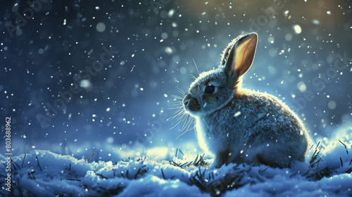 Winter's Watch: Serene Rabbit Amidst Snowfall on a Frosty Night