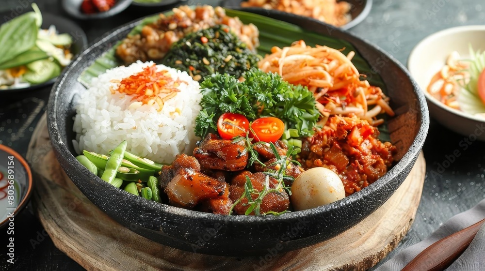 a bowl of white rice topped with meat and vegetables sits on a black table, accompanied by an orang a bowl of white rice topped with meat and vegetables sits on a black table, accompanied by an orang
