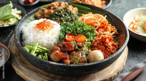 a bowl of white rice topped with meat and vegetables sits on a black table, accompanied by an orang