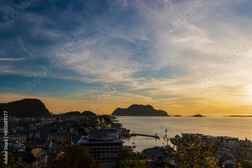 top view of a sunset over The city of Alesund and the sea during a sunny evening  Norway