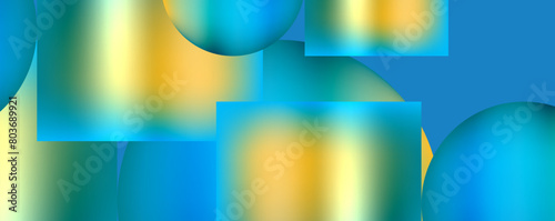 Vibrant shades of blue such as azure and electric blue pop against a yellow background in an abstract design featuring squares and spheres