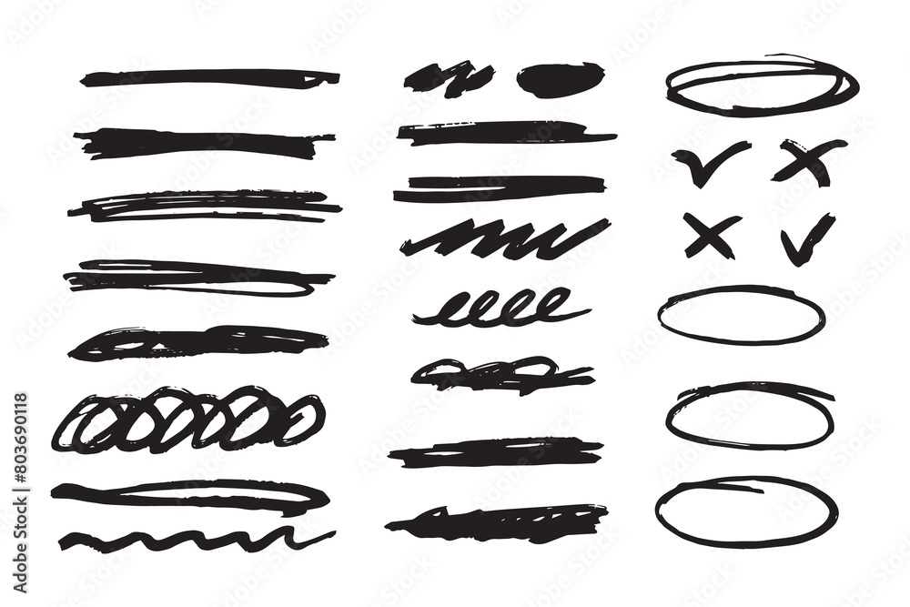 Hand draw marker pen strokes. Brush set. Scribble lines and brush strokes. 